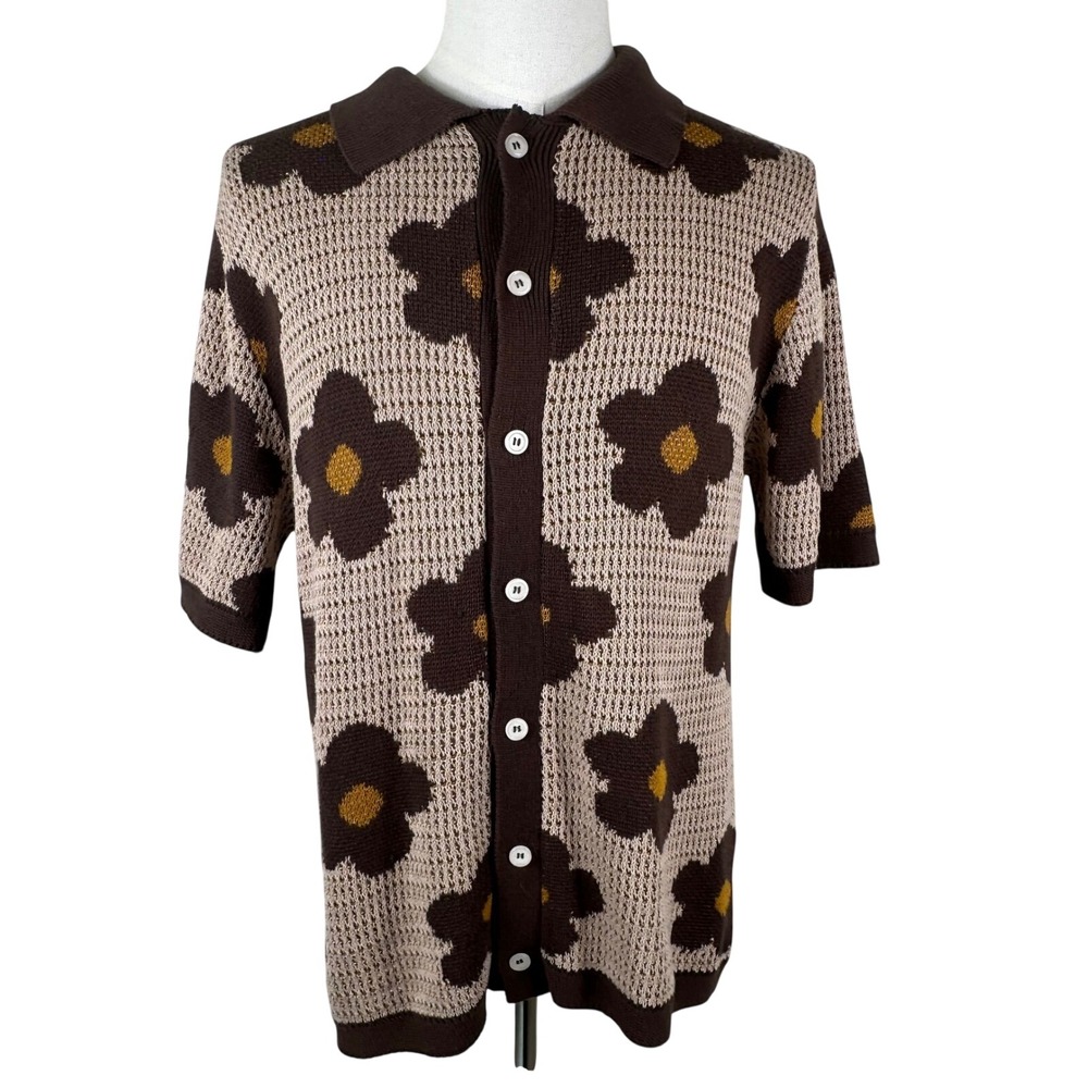 Massive Luxury Edition Cardigan Men M Brown Retro Floral Knit 70s Indie Sweater